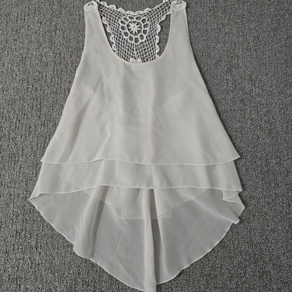Delia's Sheer Tiered Tank Top M Ivory Crochet Back Boho Festival Y2K